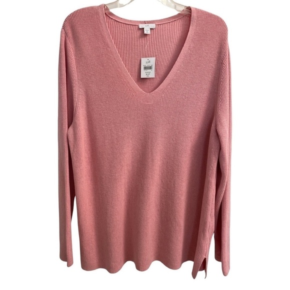 J. Jill Erin V-Neck Sweater Tea Rose Pink Classic Ribbed Pullover XLP NEW - Picture 2 of 7